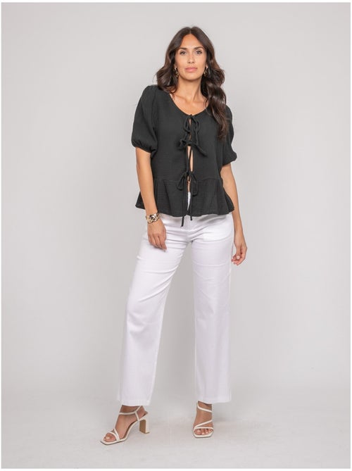 Blusa anudada de gasa de algodón OLERVIE - Kiabi Blusa anudada de gasa de algodón OLERVIE - Kiabi