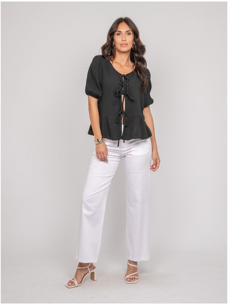 Blusa anudada de gasa de algodón OLERVIE Negro - Kiabi