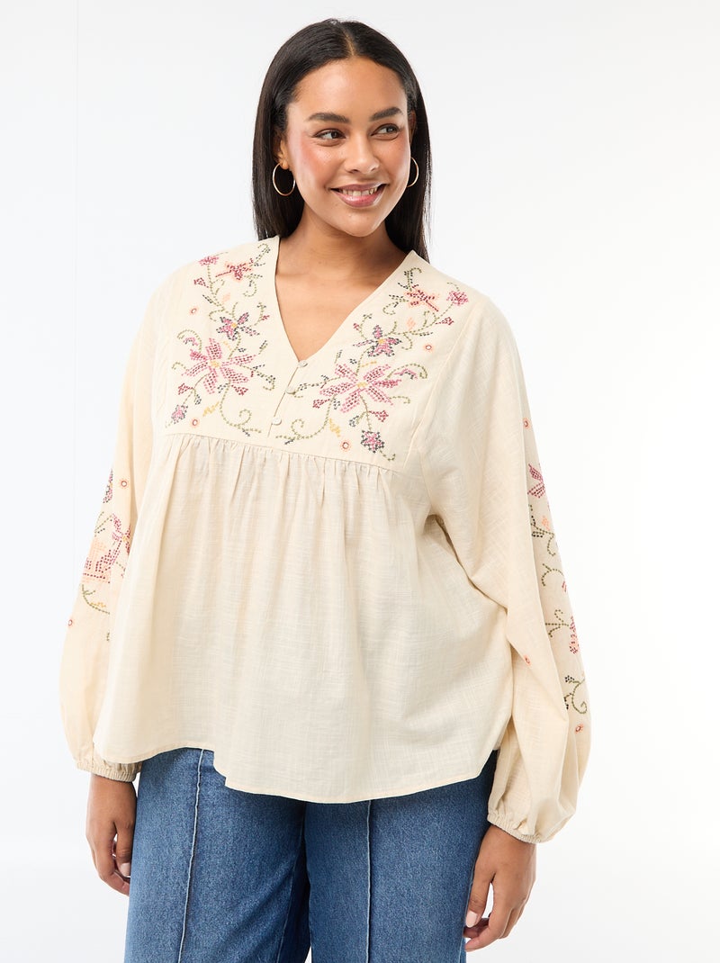 Blusa bordada con flores Beige - Kiabi