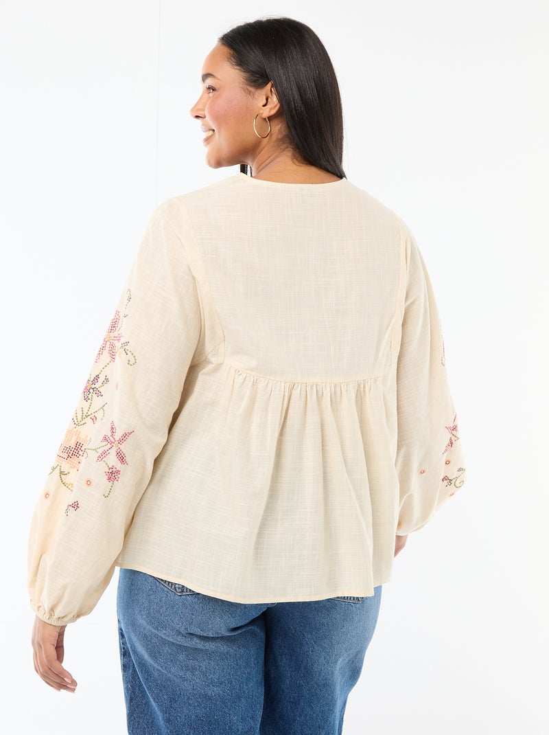Blusa bordada con flores Beige - Kiabi