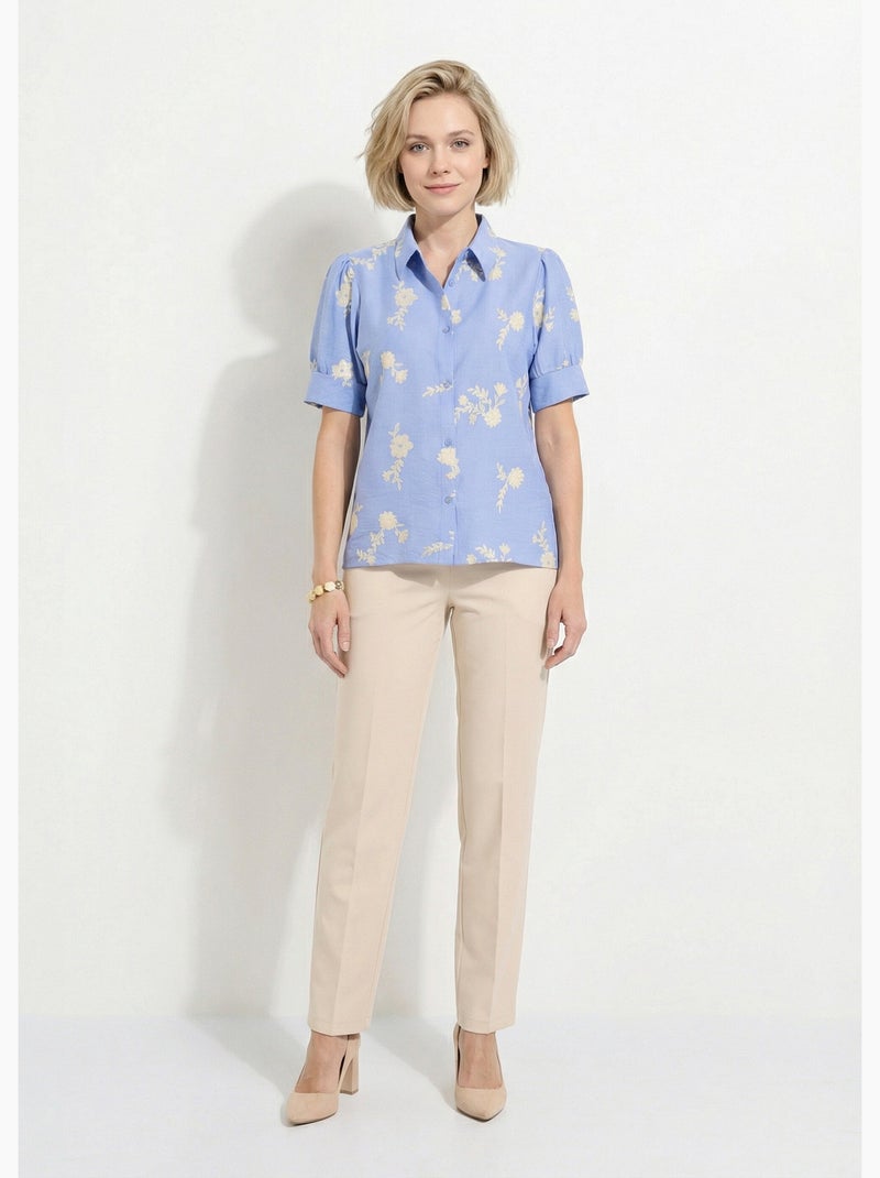 Blusa bordada con mangas abullonadas - Afibel Azul - Kiabi
