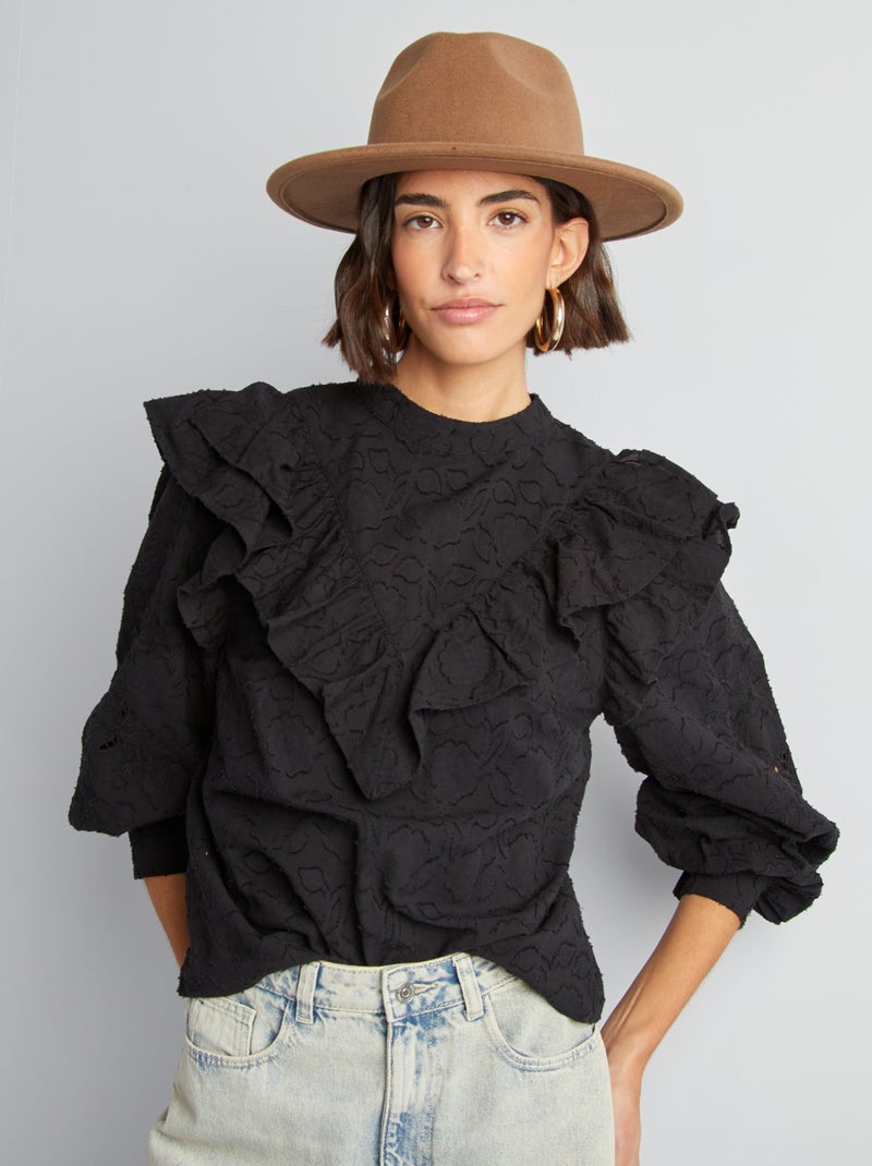 Blusa bordada con volantes negro - Kiabi