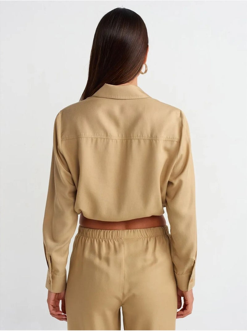 Blusa camisa crop de tencel dilvin Camel - Kiabi