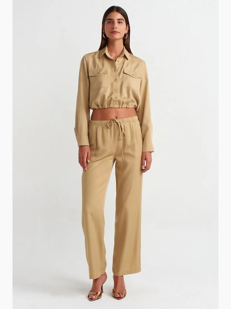 Blusa camisa crop de tencel dilvin Camel - Kiabi