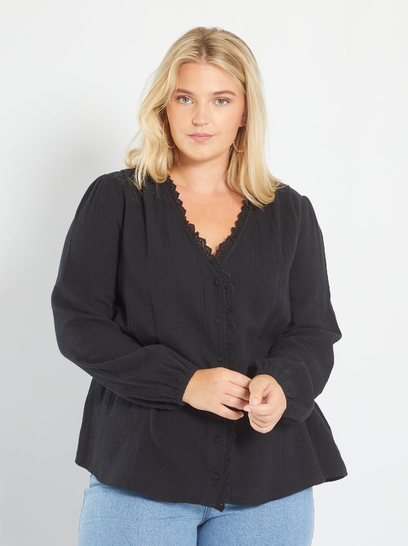 Blusa con bordado de gasa de algodón Negro - Kiabi