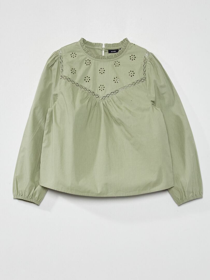 Blusa con bordado inglés verde gris - Kiabi