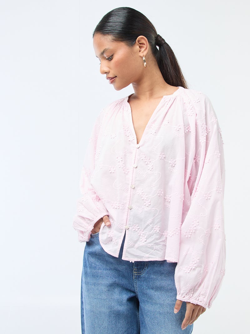 Blusa con bordados de flores Rosa - Kiabi