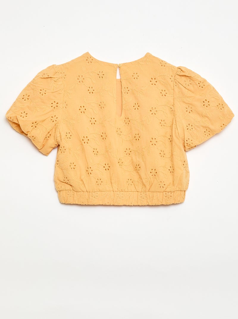 Blusa con bordados de flores y manga corta Beige - Kiabi