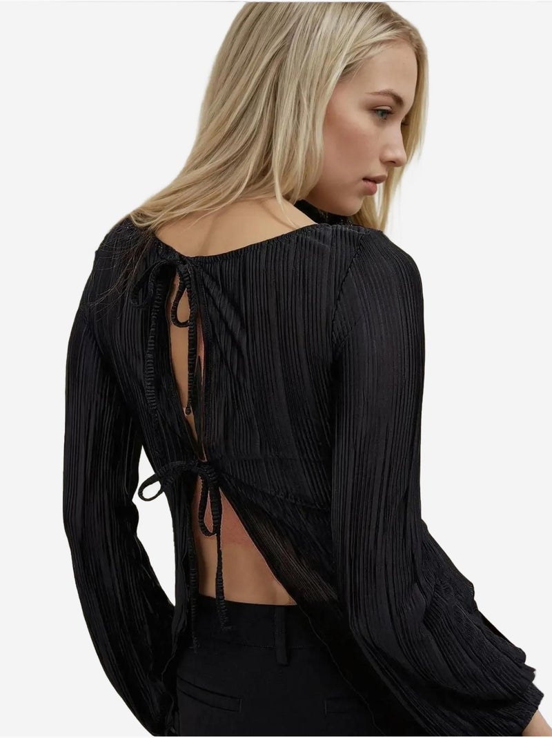 Blusa con cuello barco y tiras con lazo en la espalda Negro - Kiabi
