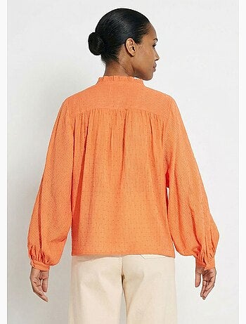 Blusa con cuello con volantes de algodón plumeti a rayas - Afibel