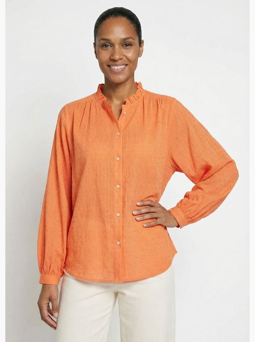 Blusa con cuello con volantes de algodón plumeti a rayas - Afibel - Kiabi Blusa con cuello con volantes de algodón plumeti a rayas - Afibel - Kiabi