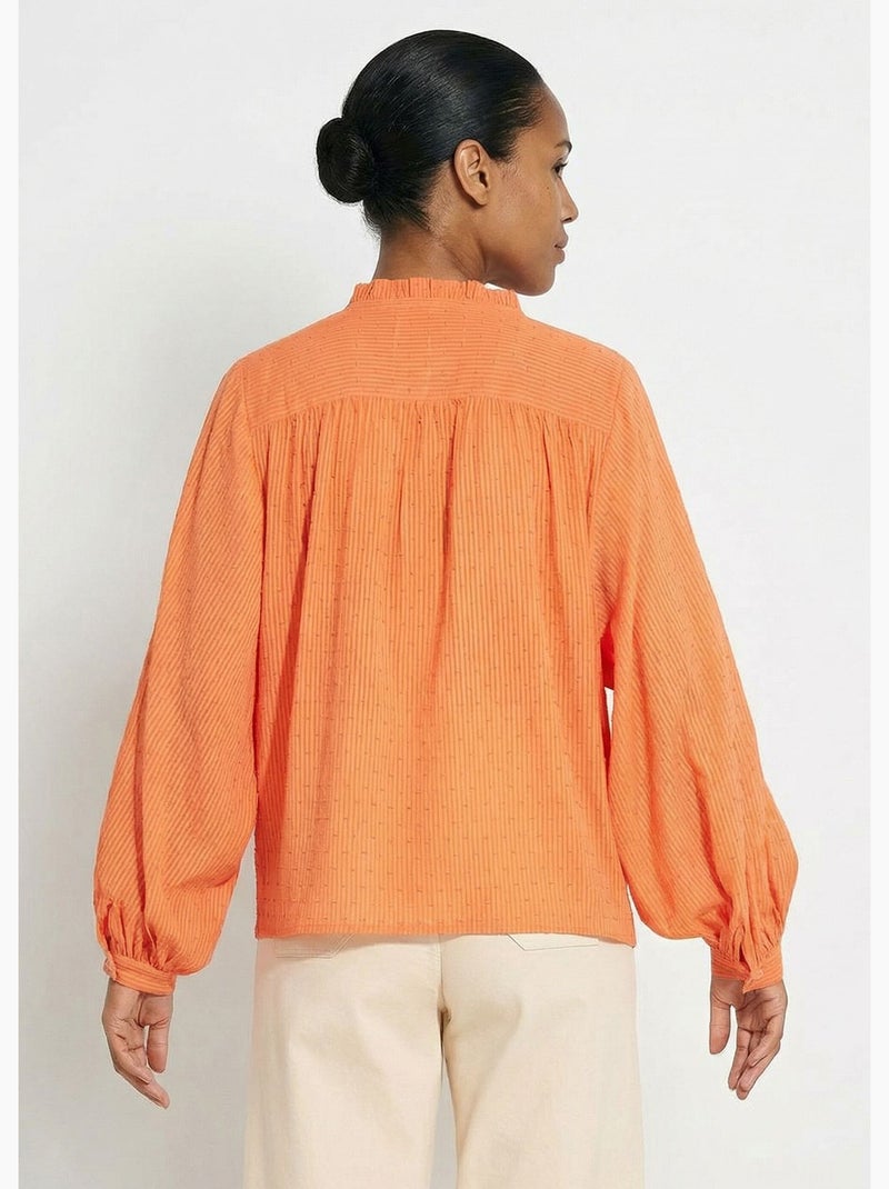 Blusa con cuello con volantes de algodón plumeti a rayas - Afibel Naranja - Kiabi