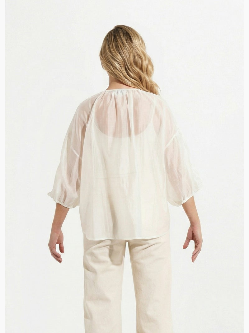 Blusa con cuello en V, botones al frente y volantes - AFIBEL Blanco - Kiabi