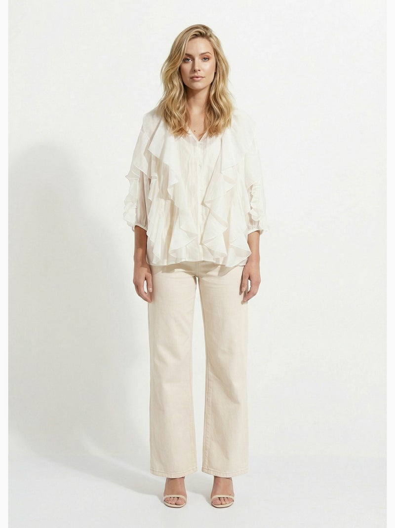 Blusa con cuello en V, botones al frente y volantes - AFIBEL Blanco - Kiabi