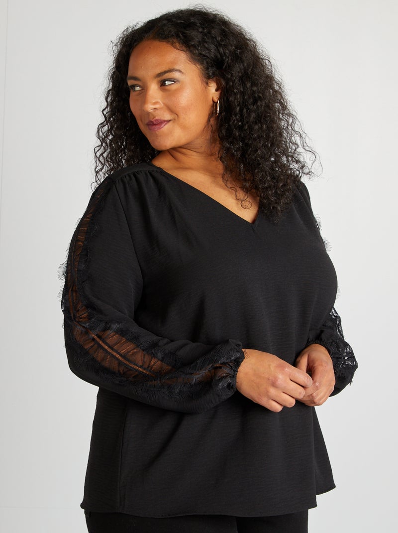 Blusa con encaje en las mangas negro - Kiabi