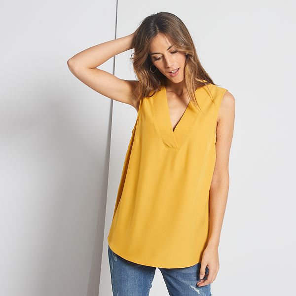 Blusa con escote de pico Mujer talla 34 a 48 AMARILLO Camisa vaporosa sin mangas Mujer talla 34 a 48 AMARILLO
