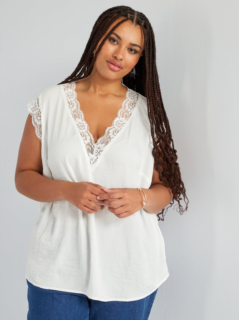 Blusa con escote de pico y encaje Blanco - Kiabi