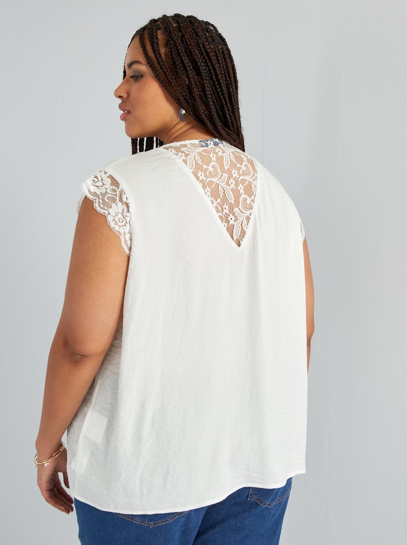 Blusa con escote de pico y encaje Blanco - Kiabi