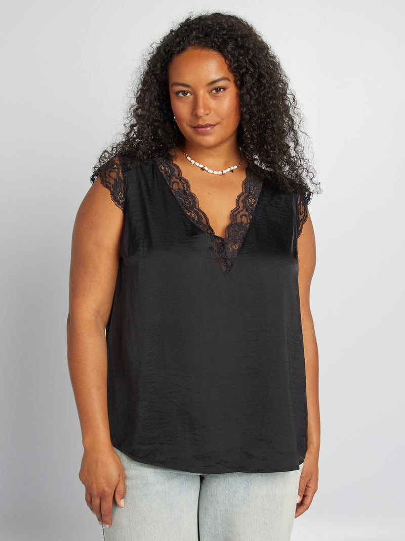Blusa con escote de pico y encaje negro - Kiabi