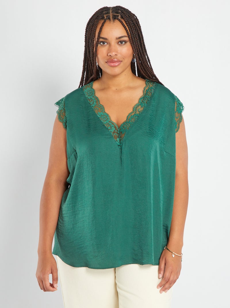 Blusa con escote de pico y encaje Verde - Kiabi