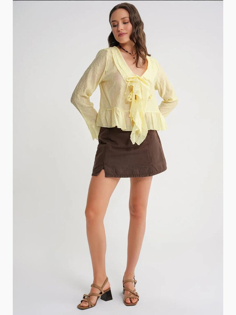 Blusa con escote en pico, volantes y lazo mixray Amarillo limón - Kiabi