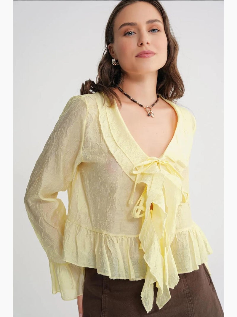 Blusa con escote en pico, volantes y lazo mixray Amarillo limón - Kiabi