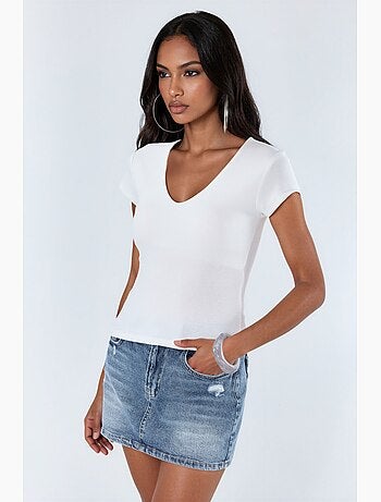 Blusa con escote en v de mezcla de modal y algodón busem