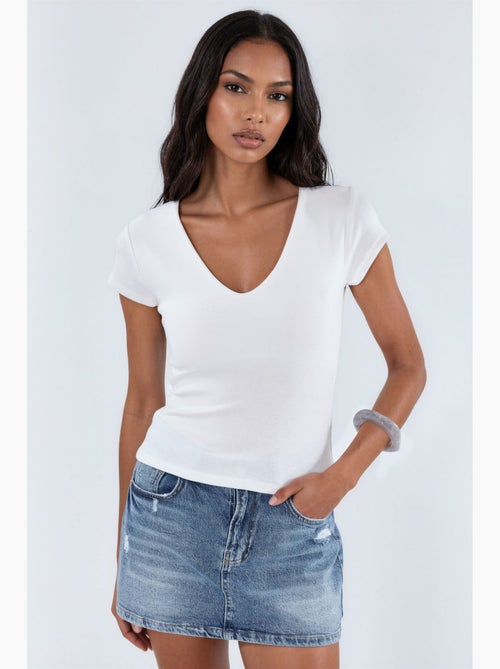 Blusa con escote en v de mezcla de modal y algodón busem - Kiabi Blusa con escote en v de mezcla de modal y algodón busem - Kiabi