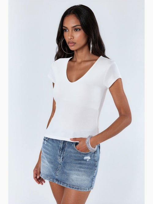 Blusa con escote en v de mezcla de modal y algodón busem - Kiabi Blusa con escote en v de mezcla de modal y algodón busem - Kiabi