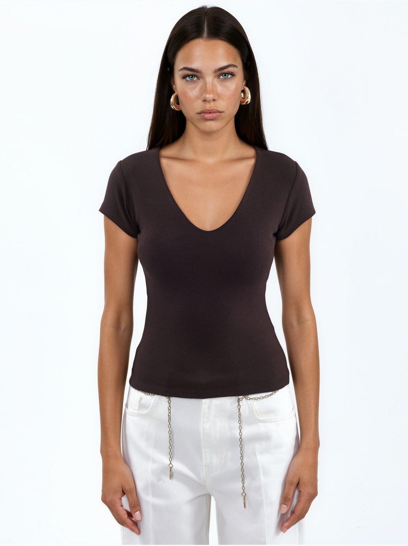 Blusa con escote en v de mezcla de modal y algodón busem Marrón chocolate - Kiabi
