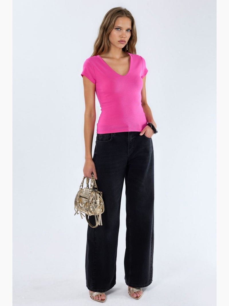 Blusa con escote en v de mezcla de modal y algodón busem Rosa fluo/Solinotes - Kiabi