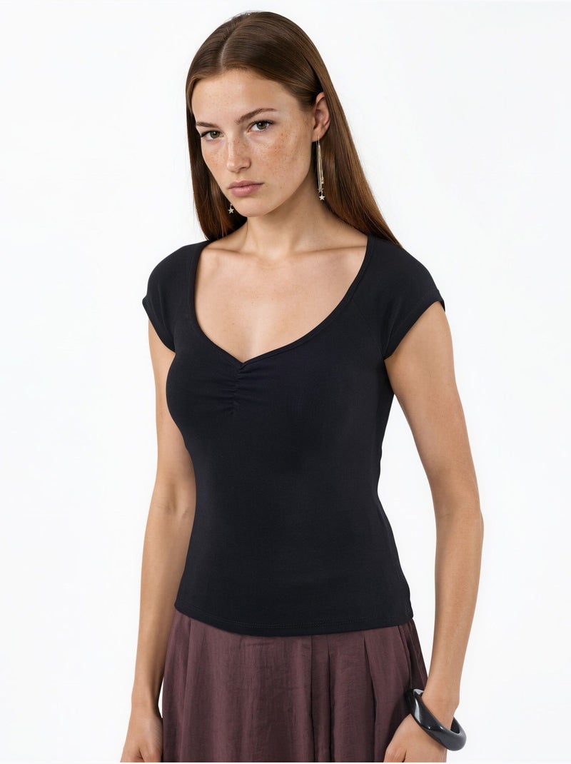 Blusa con escote en v y manga corta con drapeado busem Negro - Kiabi