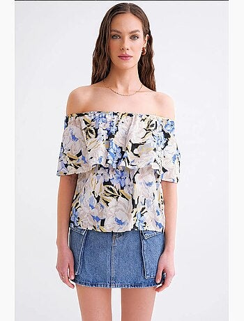 Blusa con estampado floral y hombros descubiertos mixray