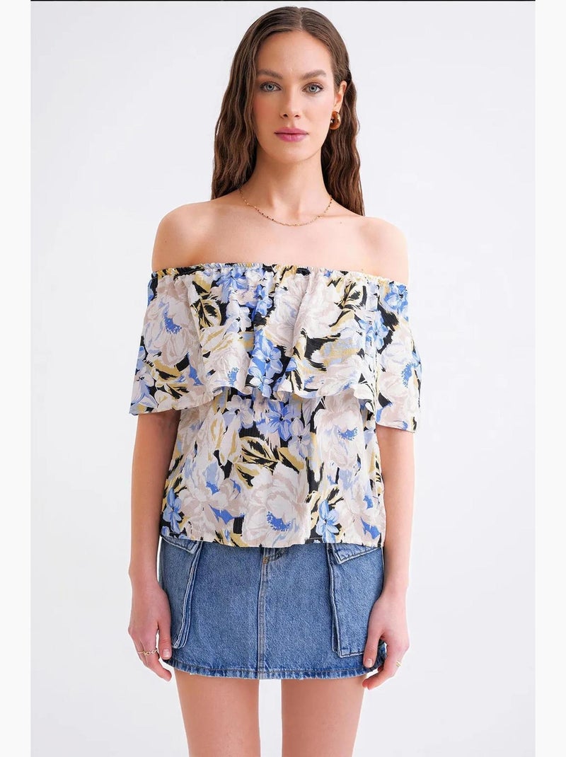 Blusa con estampado floral y hombros descubiertos mixray Azul claro - Kiabi