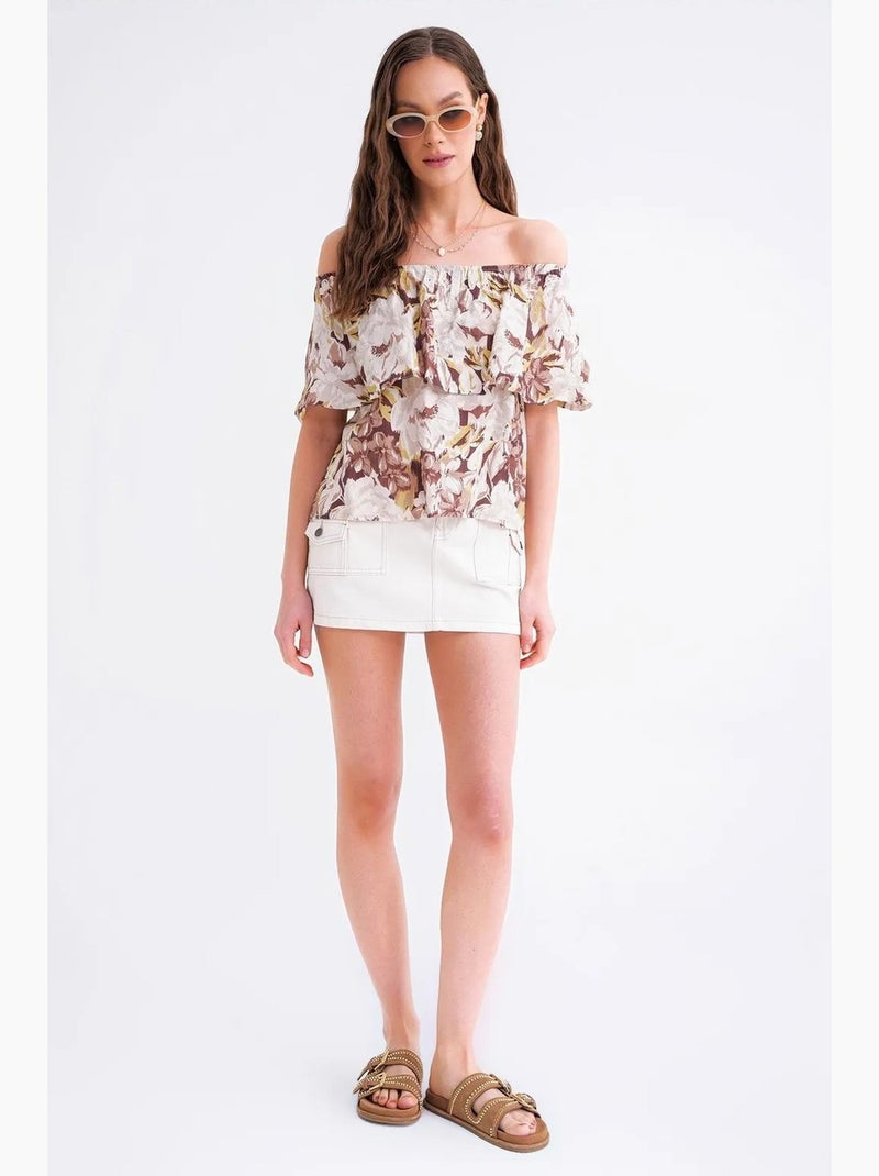 Blusa con estampado floral y hombros descubiertos mixray Camel - Kiabi