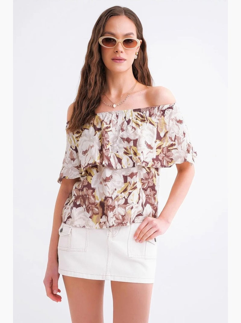 Blusa con estampado floral y hombros descubiertos mixray Camel - Kiabi