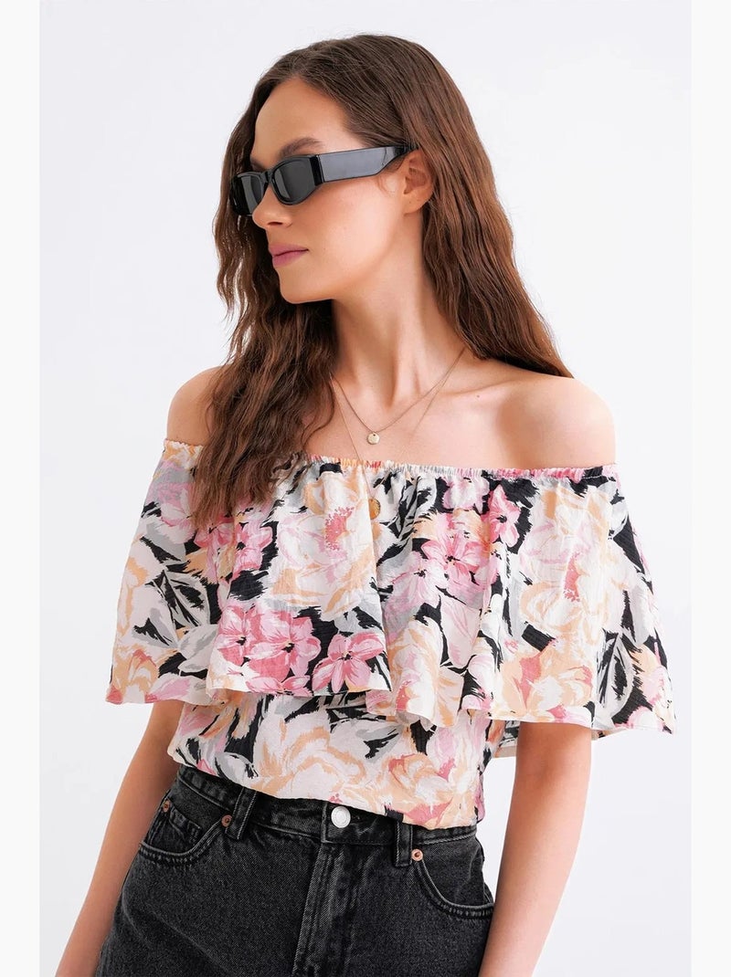 Blusa con estampado floral y hombros descubiertos mixray Rosa pálido - Kiabi