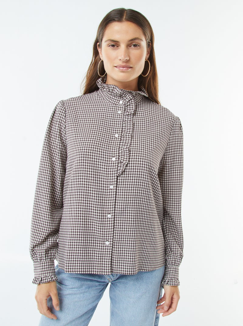 Blusa con estampado vichy con volantes Marron - Kiabi