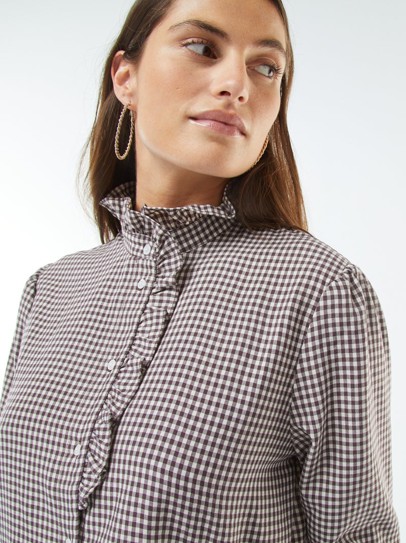 Blusa con estampado vichy con volantes Marron - Kiabi