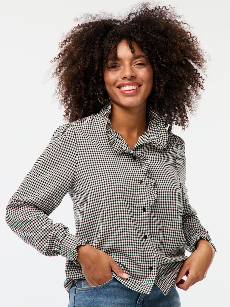 Blusa con estampado vichy con volantes Negro - Kiabi