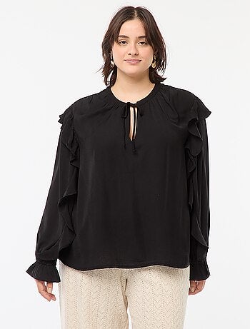 Blusa con hombros y puños con volantes + cintas anudables en el cuello