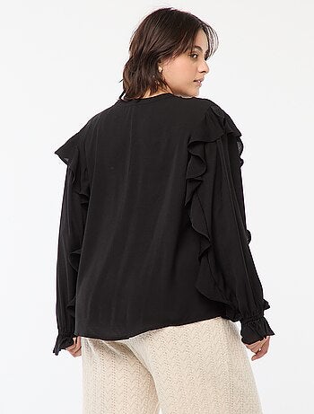 Blusa con hombros y puños con volantes + cintas anudables en el cuello