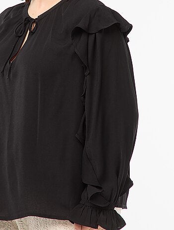 Blusa con hombros y puños con volantes + cintas anudables en el cuello