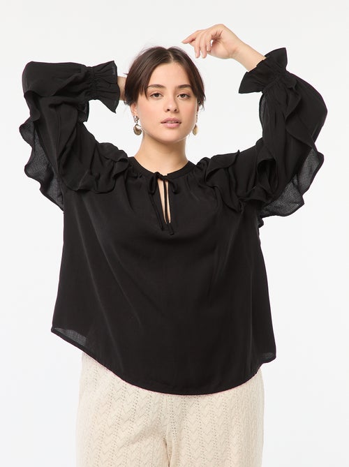 Blusa con hombros y puños con volantes + cintas anudables en el cuello - Kiabi