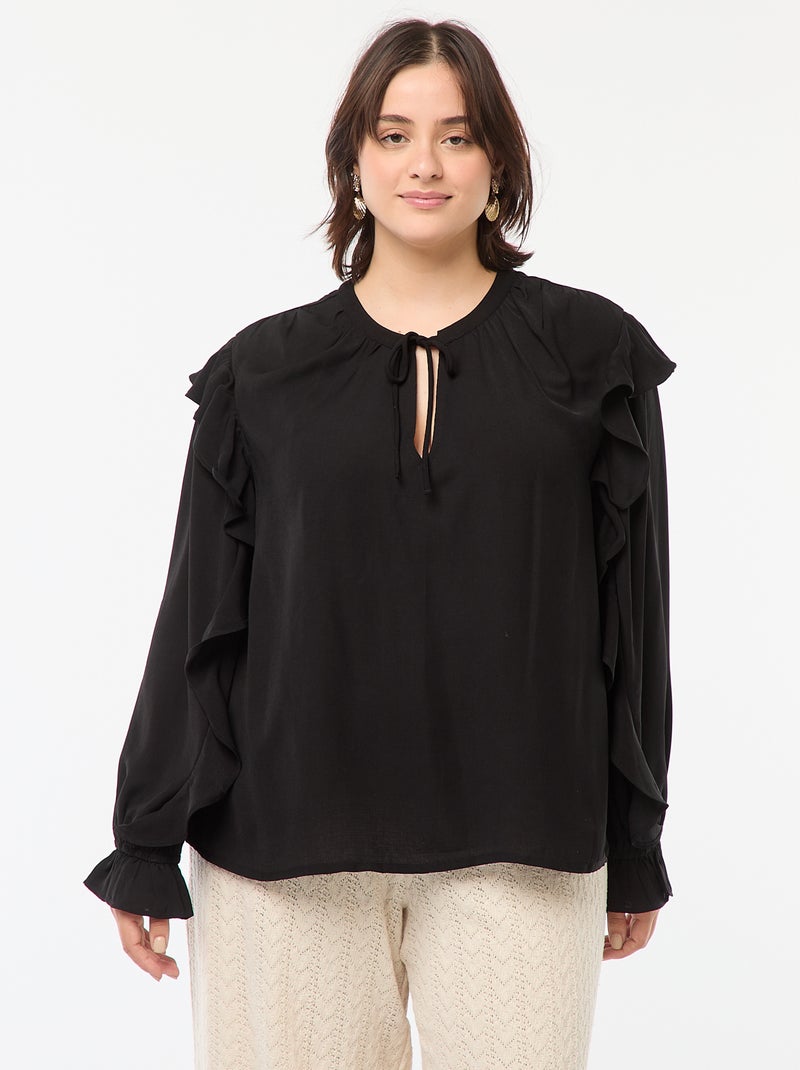 Blusa con hombros y puños con volantes + cintas anudables en el cuello negro - Kiabi