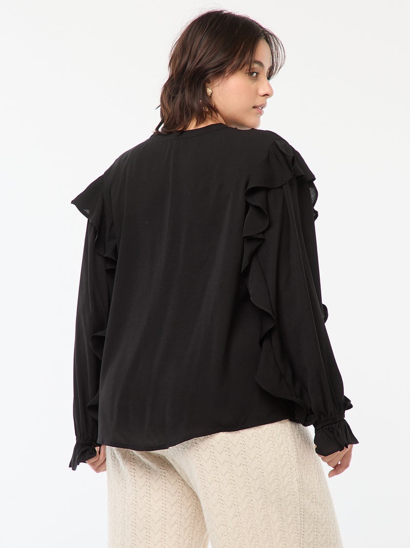 Blusa con hombros y puños con volantes + cintas anudables en el cuello negro - Kiabi