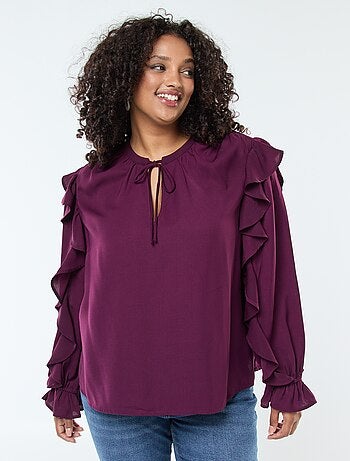 Blusa con hombros y puños con volantes + cintas anudables en el cuello