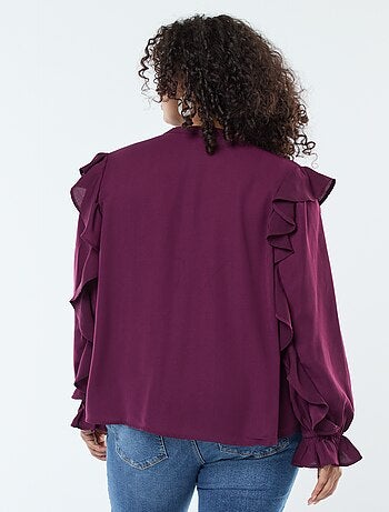 Blusa con hombros y puños con volantes + cintas anudables en el cuello