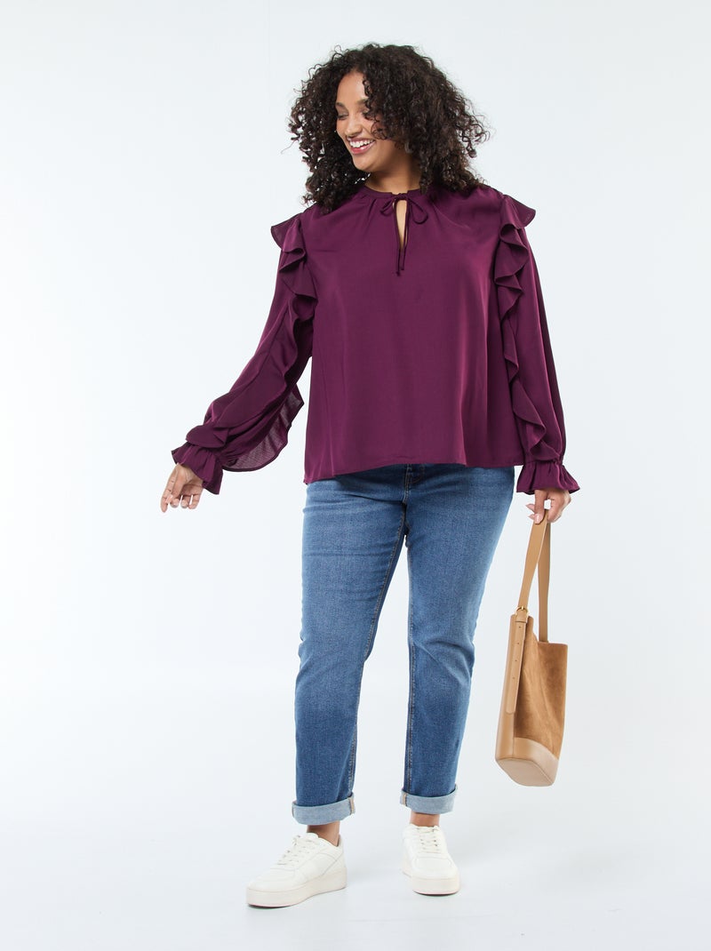 Blusa con hombros y puños con volantes + cintas anudables en el cuello Purpura - Kiabi
