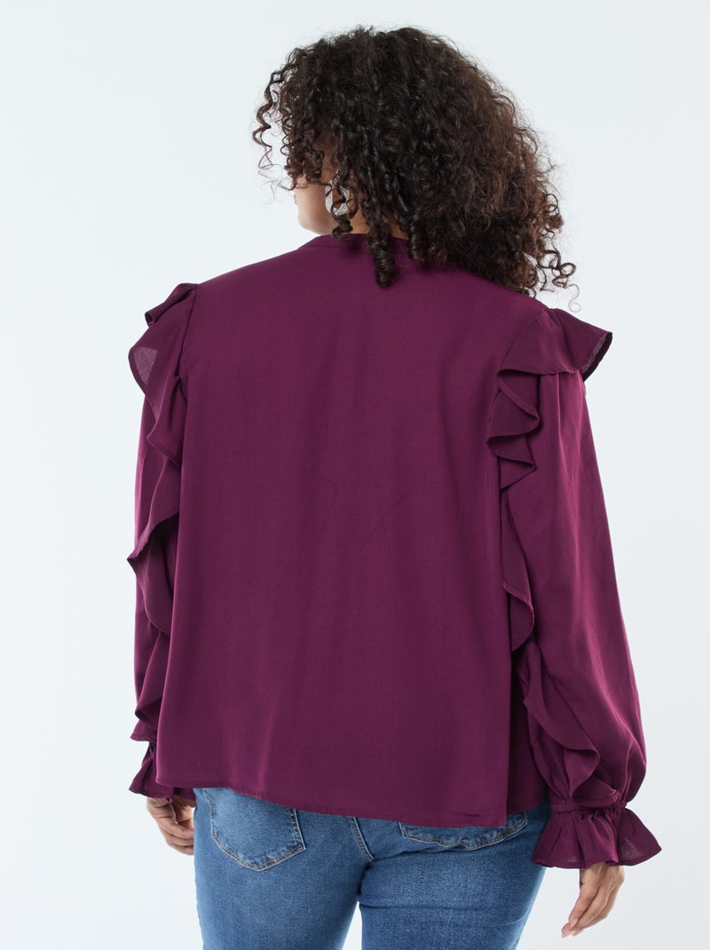 Blusa con hombros y puños con volantes + cintas anudables en el cuello Purpura - Kiabi